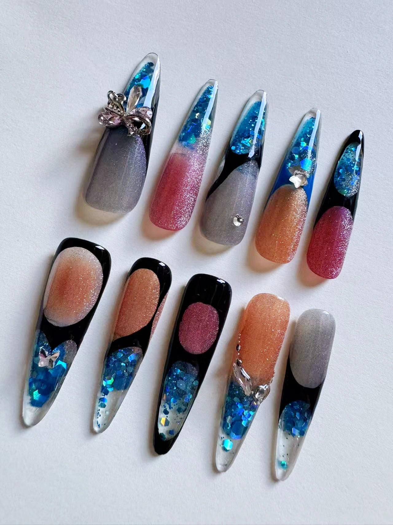 Candy Pudding Hand Drawn Cat Eye Blue Sequin Flowing Sand Nail Art