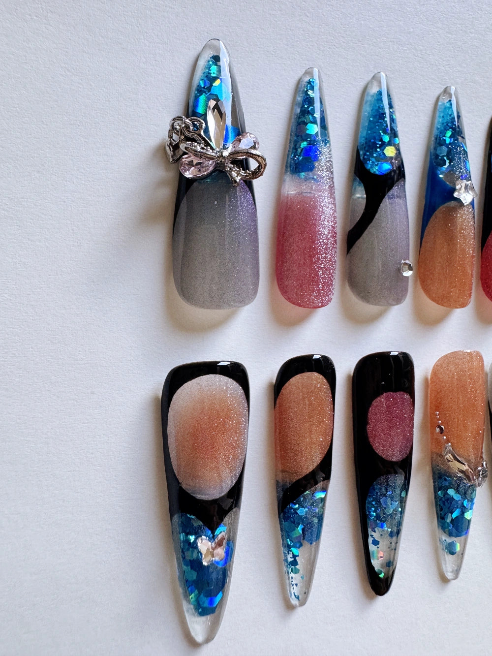 Candy Pudding Hand Drawn Cat Eye Blue Sequin Flowing Sand Nail Art