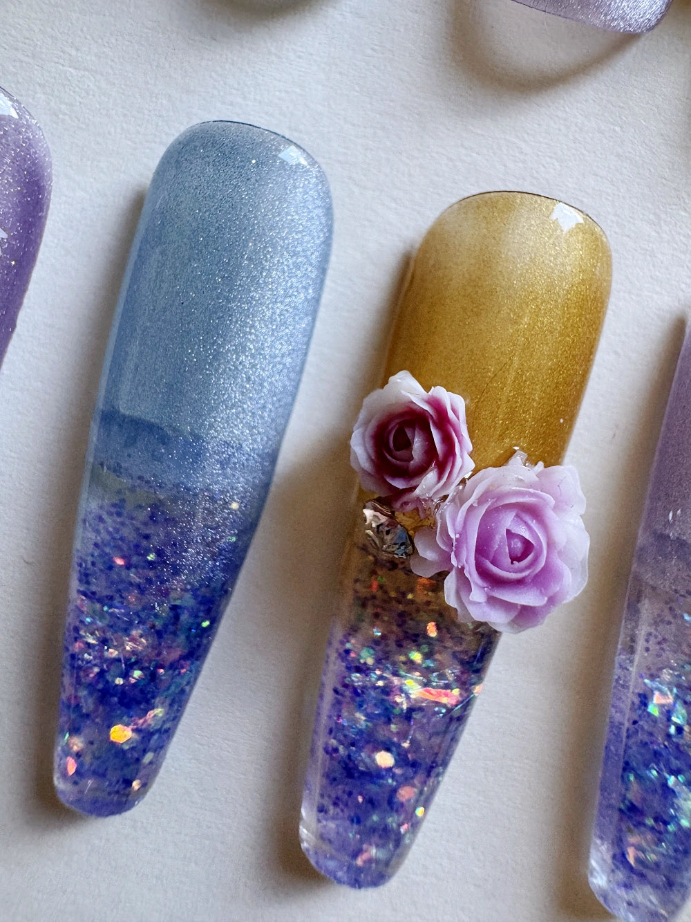 Hand Drawn Elaborate Cool Purple Glittering Cat Eye Flowing Sand Nail Art